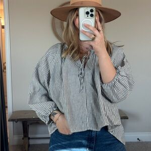 a new day Black and White Striped Tie-Neck Peasant Top